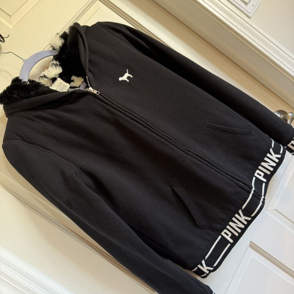 Victoria’s Secret Faux-Fur Lined Rare Full Zip Hoodie Small Black Cozy Soft